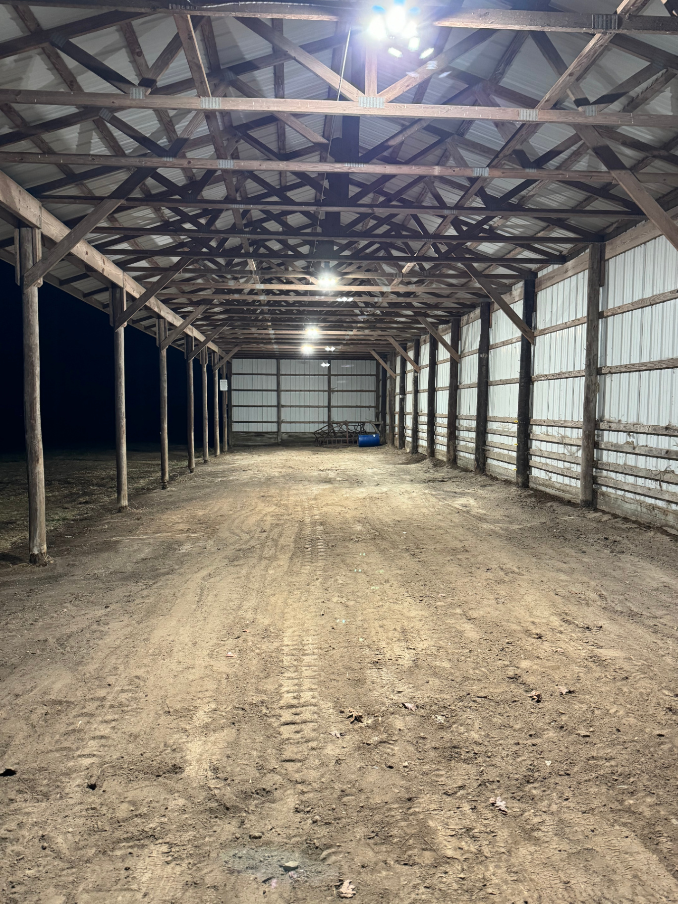 Pole barn interior with new LED high-bay lighting