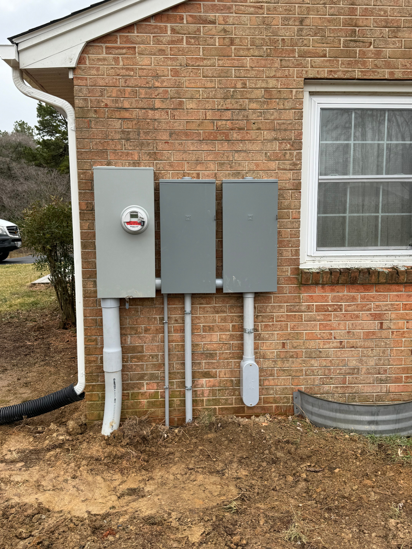 Completed exterior electrical service install with meter and disconnects